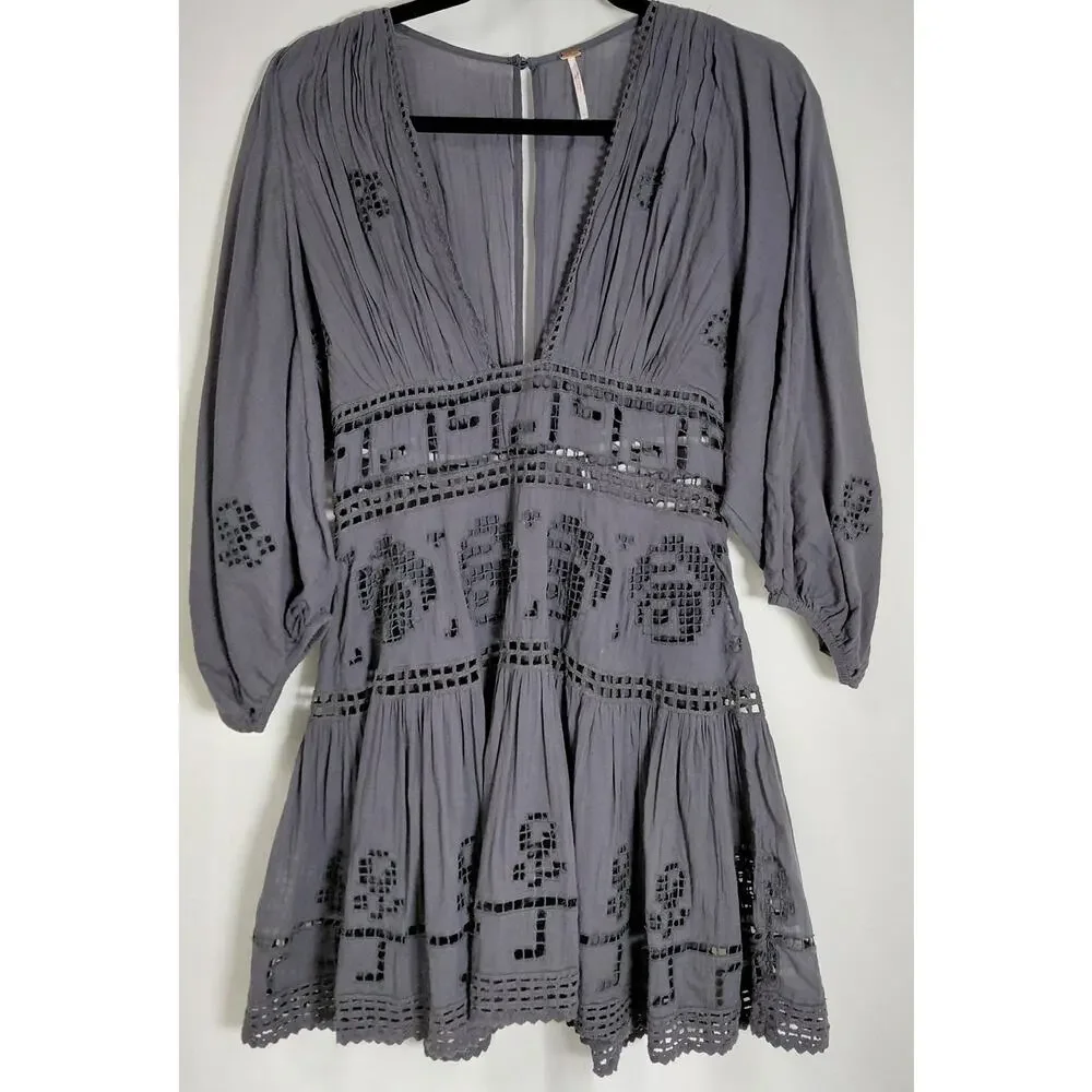 Free People Grey A-Line Short Embroidered Dress Women Size S